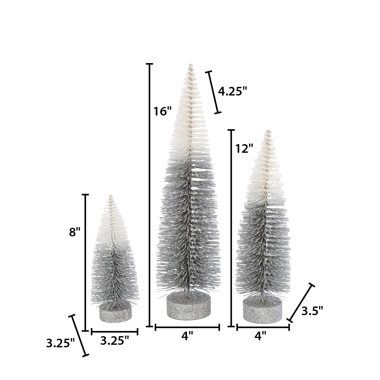 S/3 Grey to White Ombre Bottle Brush Trees, Lg is 16-in H, med is 12-in H, Sm is 8-in H